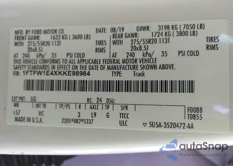 2019 Ford F-150 Lariat z USA, uszkodzony, nr VIN 1FTFW1E4XKKE98984